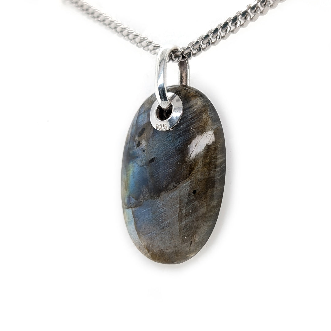 Oval Labradorite Grommet Pendant with 18" Sterling Silver Curb Chain