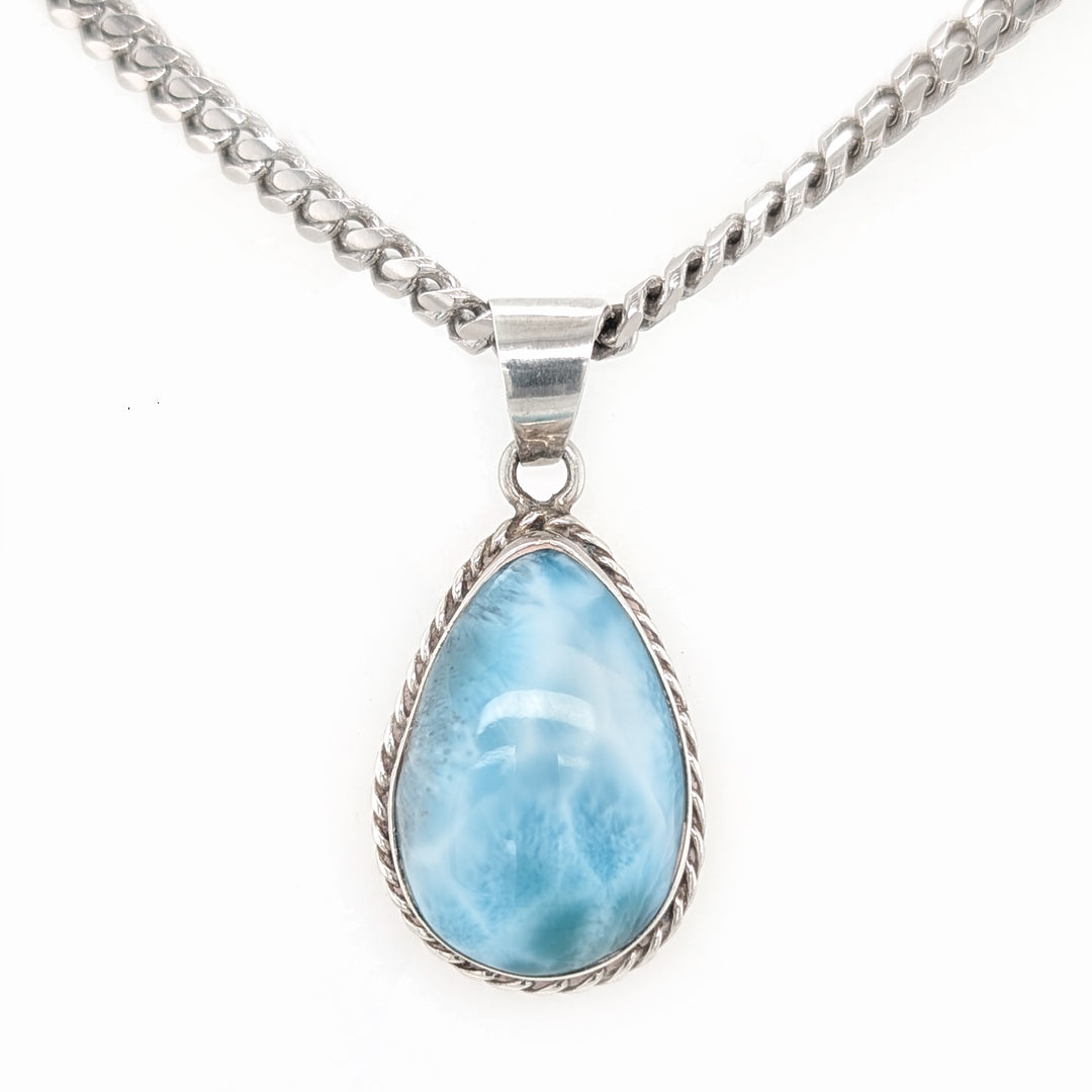 Larimar Pendant with Rope Detail in Sterling Silver on 18" Thick Curb Chain