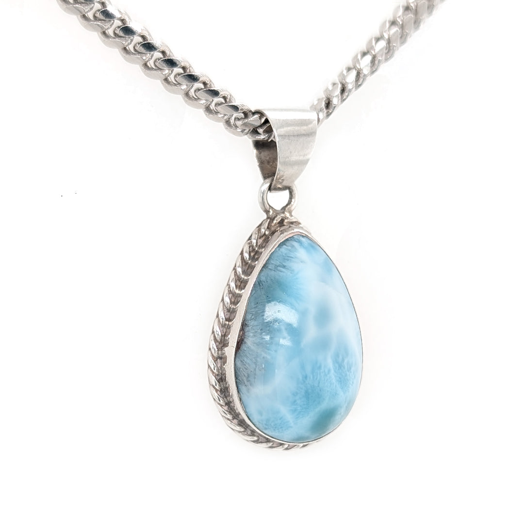 Larimar Pendant with Rope Detail in Sterling Silver on 18" Thick Curb Chain