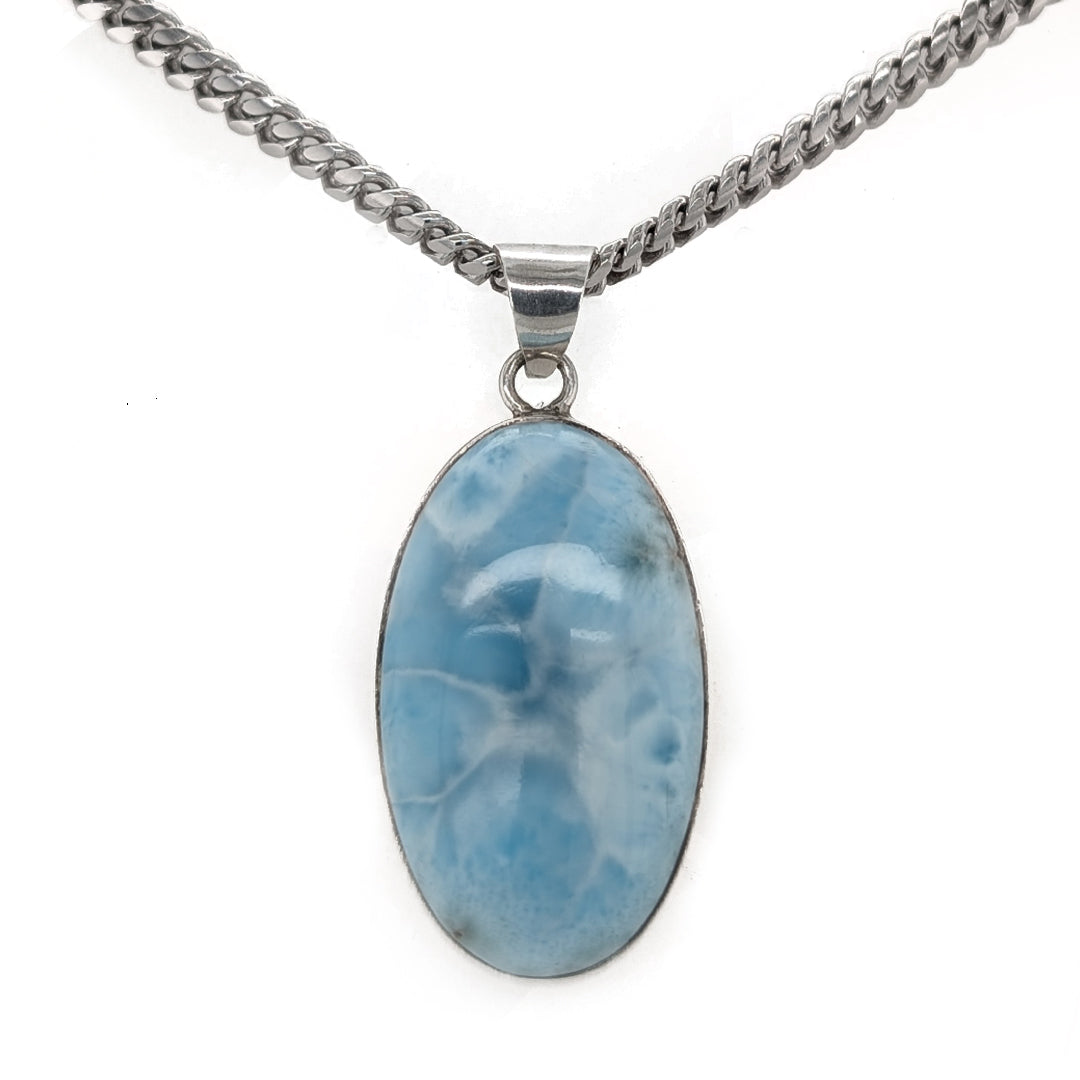 Large Oval Larimar Pendant on 20" Thick Curb Chain in Sterling Silver