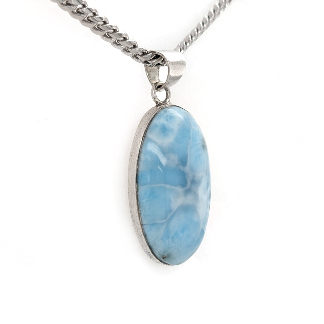 Large Oval Larimar Pendant on 20" Thick Curb Chain in Sterling Silver