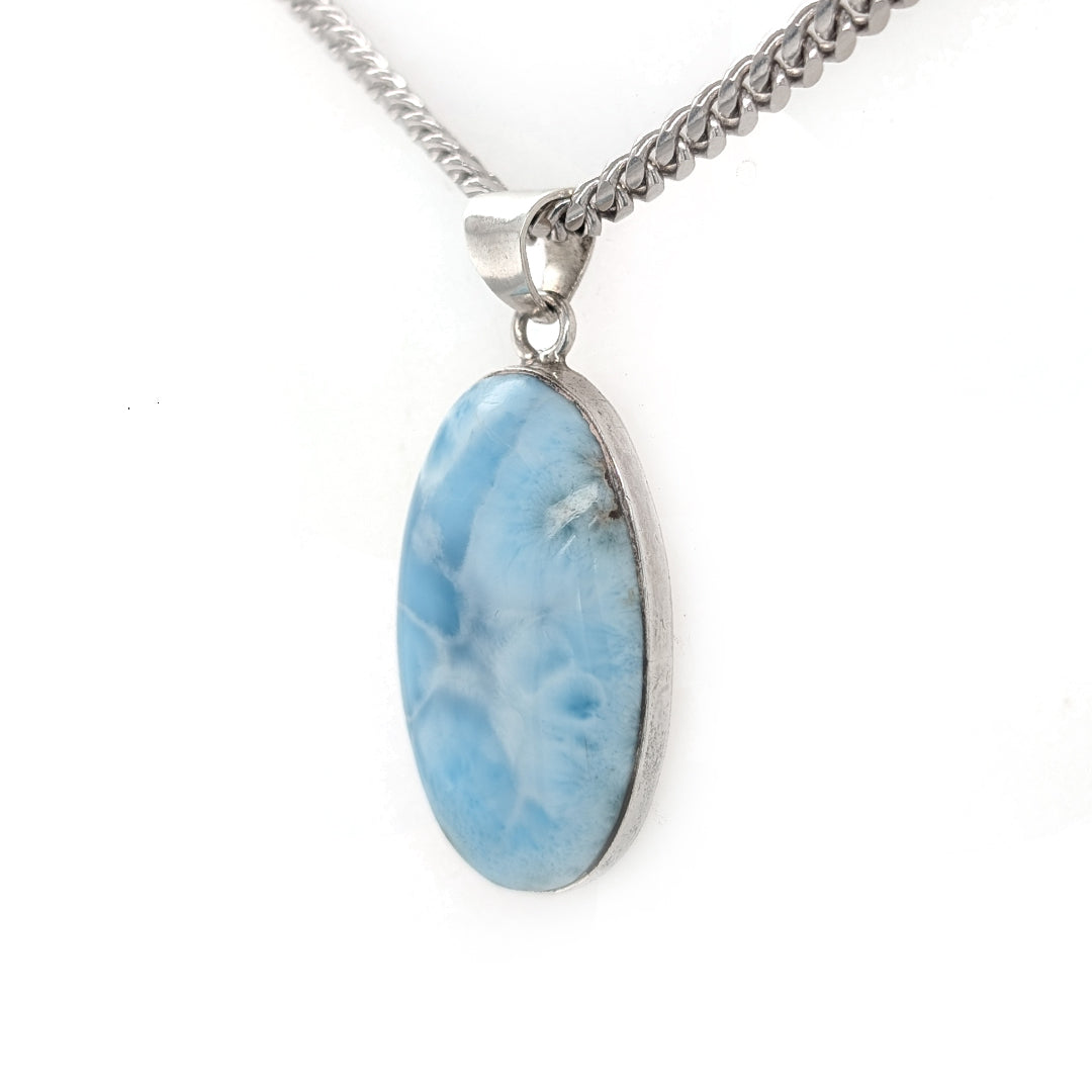 Large Oval Larimar Pendant on 20" Thick Curb Chain in Sterling Silver