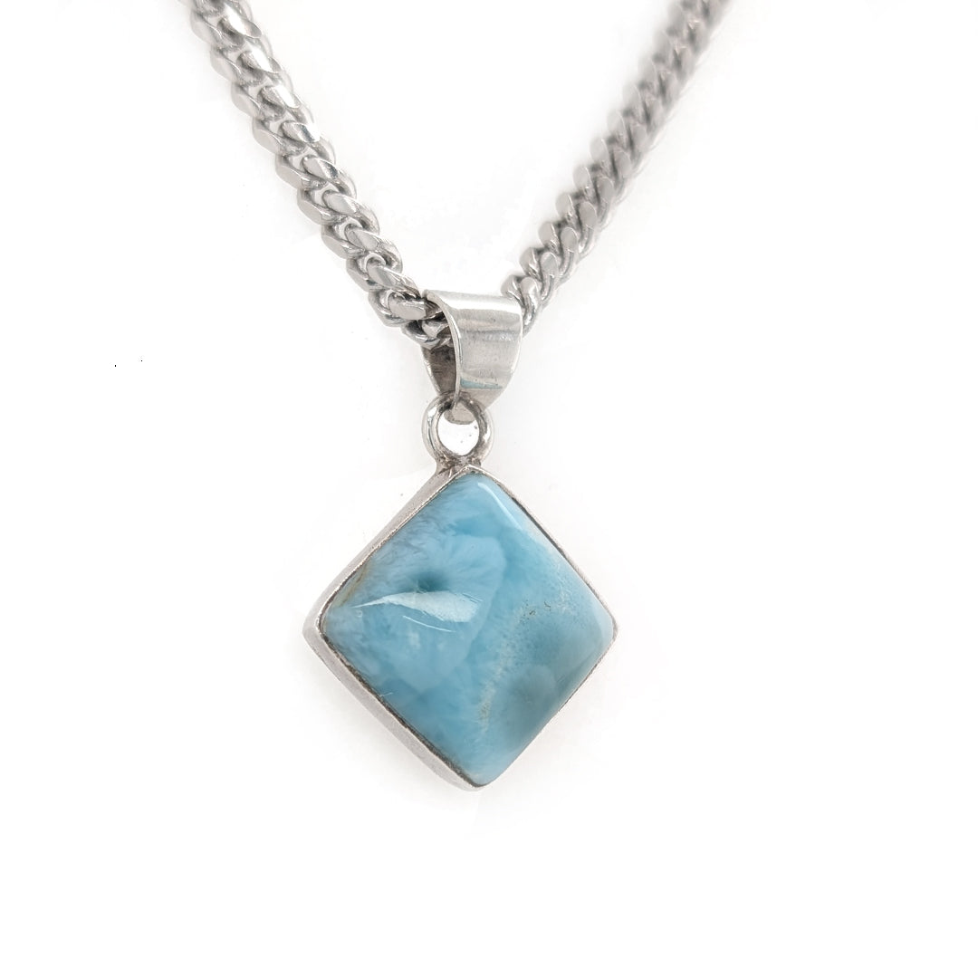 Diamond Larimar Sterling Silver Pendant on 18" Thick Curb Chain