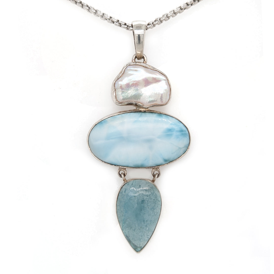 Larimar, Blue Topaz, and Baroque Pearl Pendant in Sterling Silver on 22" Rounded Box Chain