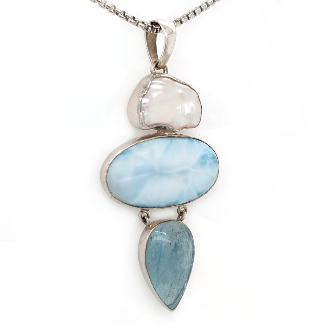 Larimar, Blue Topaz, and Baroque Pearl Pendant in Sterling Silver on 22" Rounded Box Chain