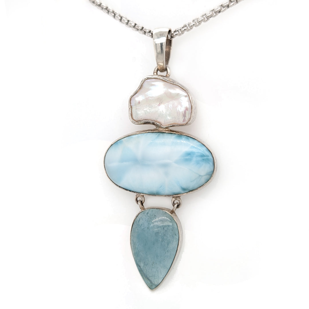 Larimar, Blue Topaz, and Baroque Pearl Pendant in Sterling Silver on 22" Rounded Box Chain