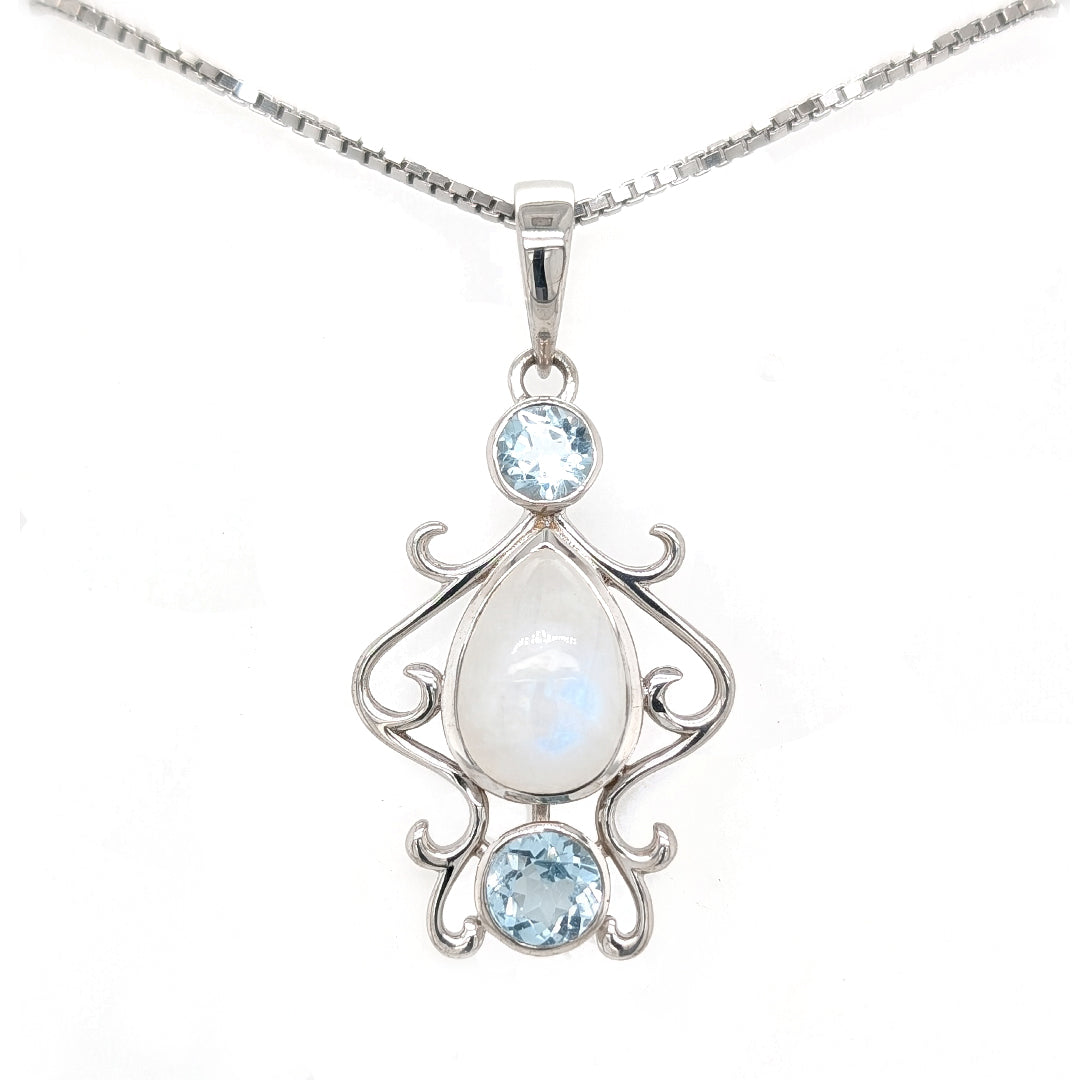 Rainbow Moonstone and blue topaz pendant on 18" Sterling Box Chain