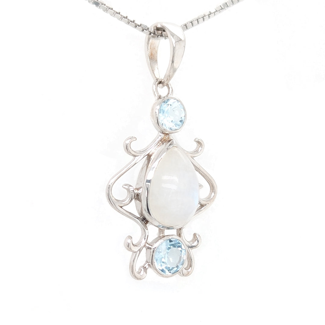 Rainbow Moonstone and blue topaz pendant on 18" Sterling Box Chain