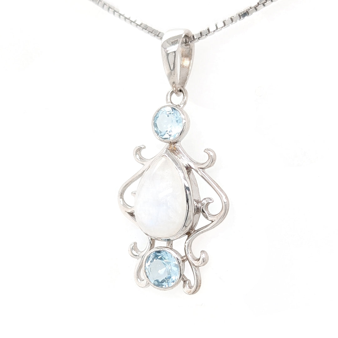 Rainbow Moonstone and blue topaz pendant on 18" Sterling Box Chain