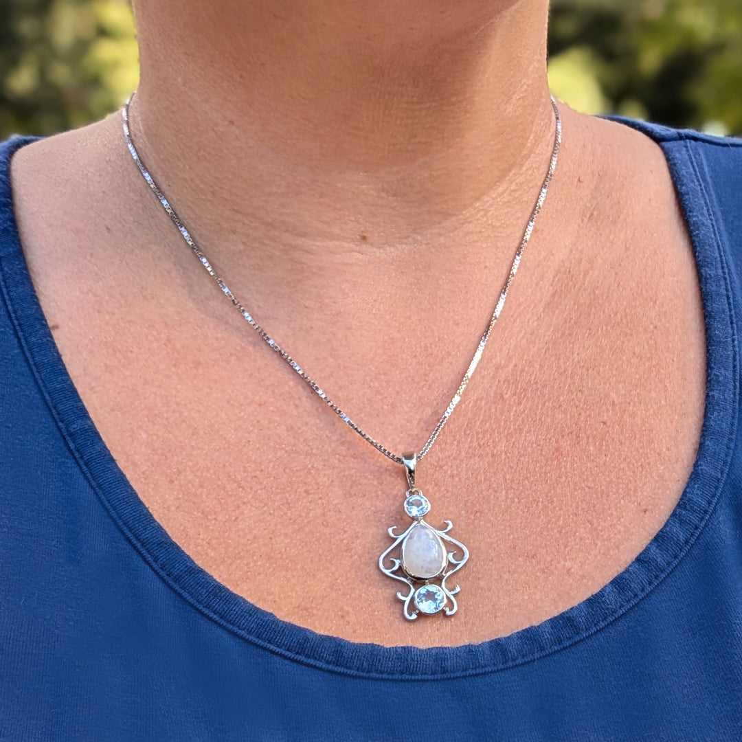 Rainbow Moonstone and blue topaz pendant on 18" Sterling Box Chain