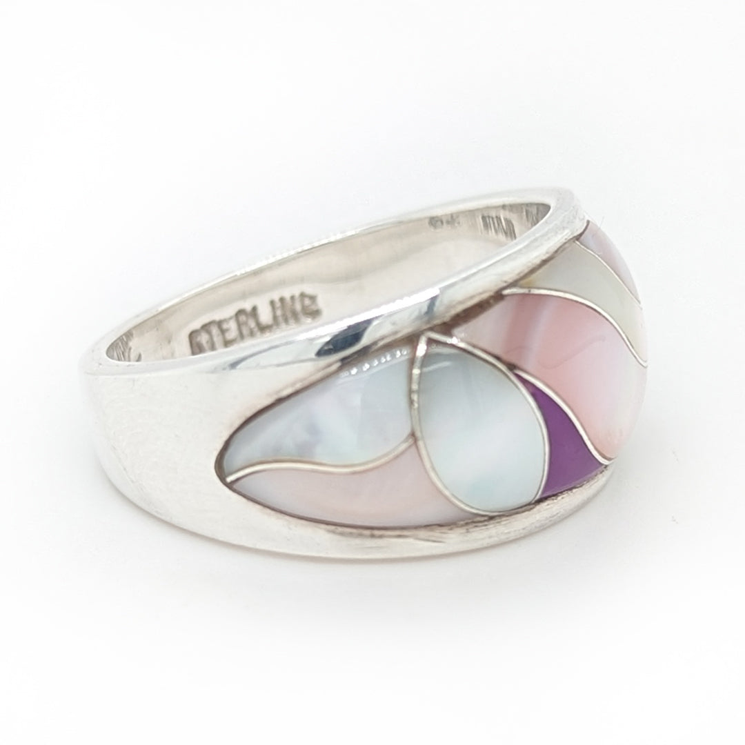 Mother of Pearl, Sugilite, and Tennessee River Pink Shell Sterling Silver Ring by Ed Lohman