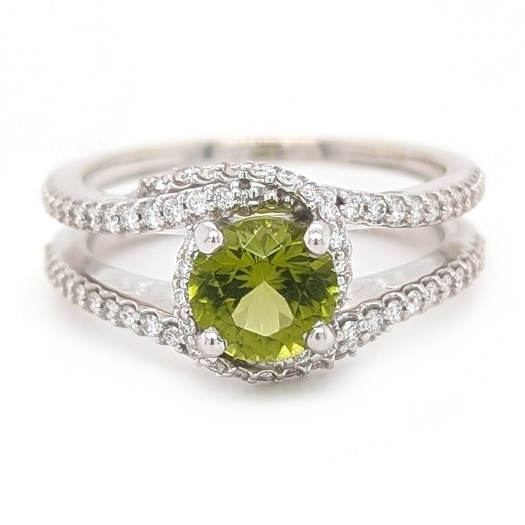 Arizona Peridot Love Knot Diamond Ring from Peridot Mesa, Arizona in 14kt White Gold