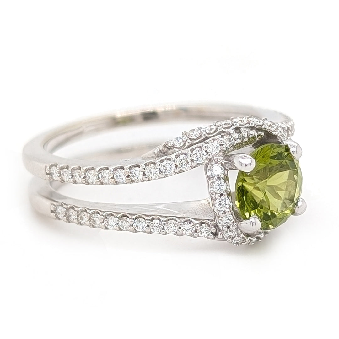 Arizona Peridot Love Knot Diamond Ring from Peridot Mesa, Arizona in 14kt White Gold