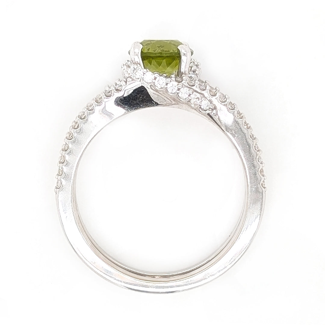 Arizona Peridot Love Knot Diamond Ring from Peridot Mesa, Arizona in 14kt White Gold