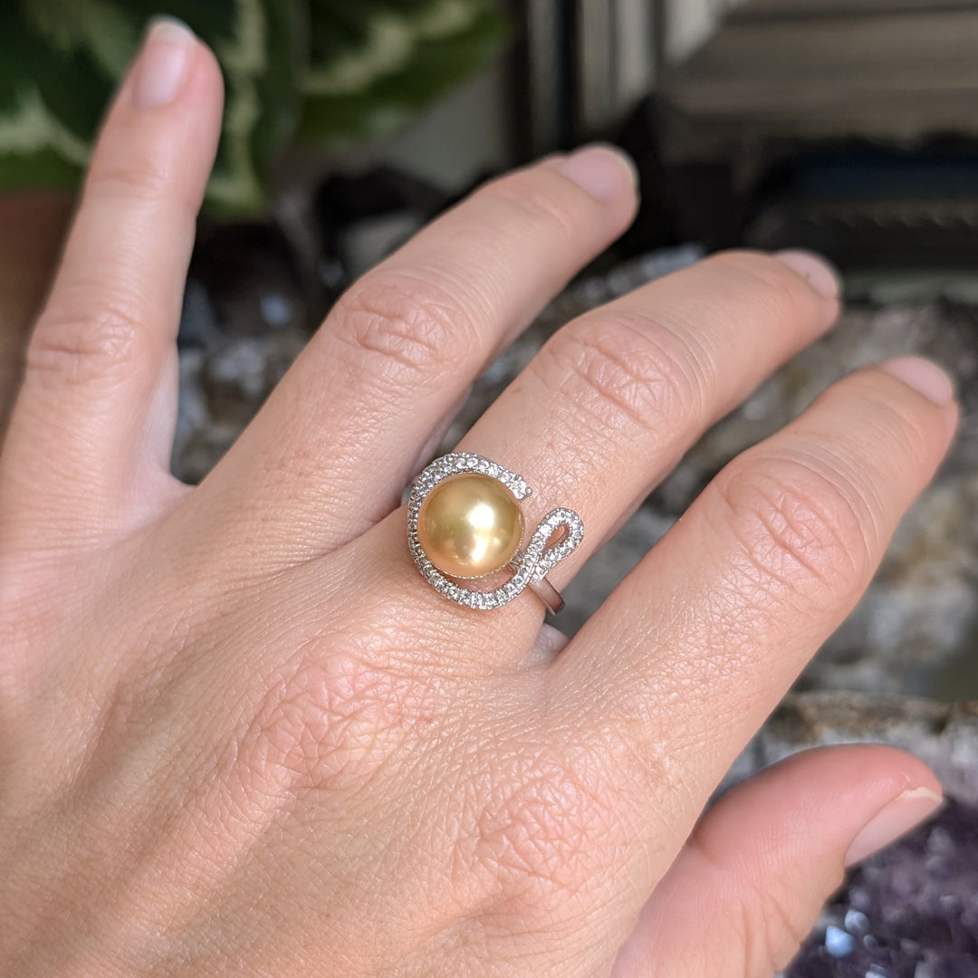 Golden South Sea Cultured Pearl Ring with White Topaz in Sterling Silver