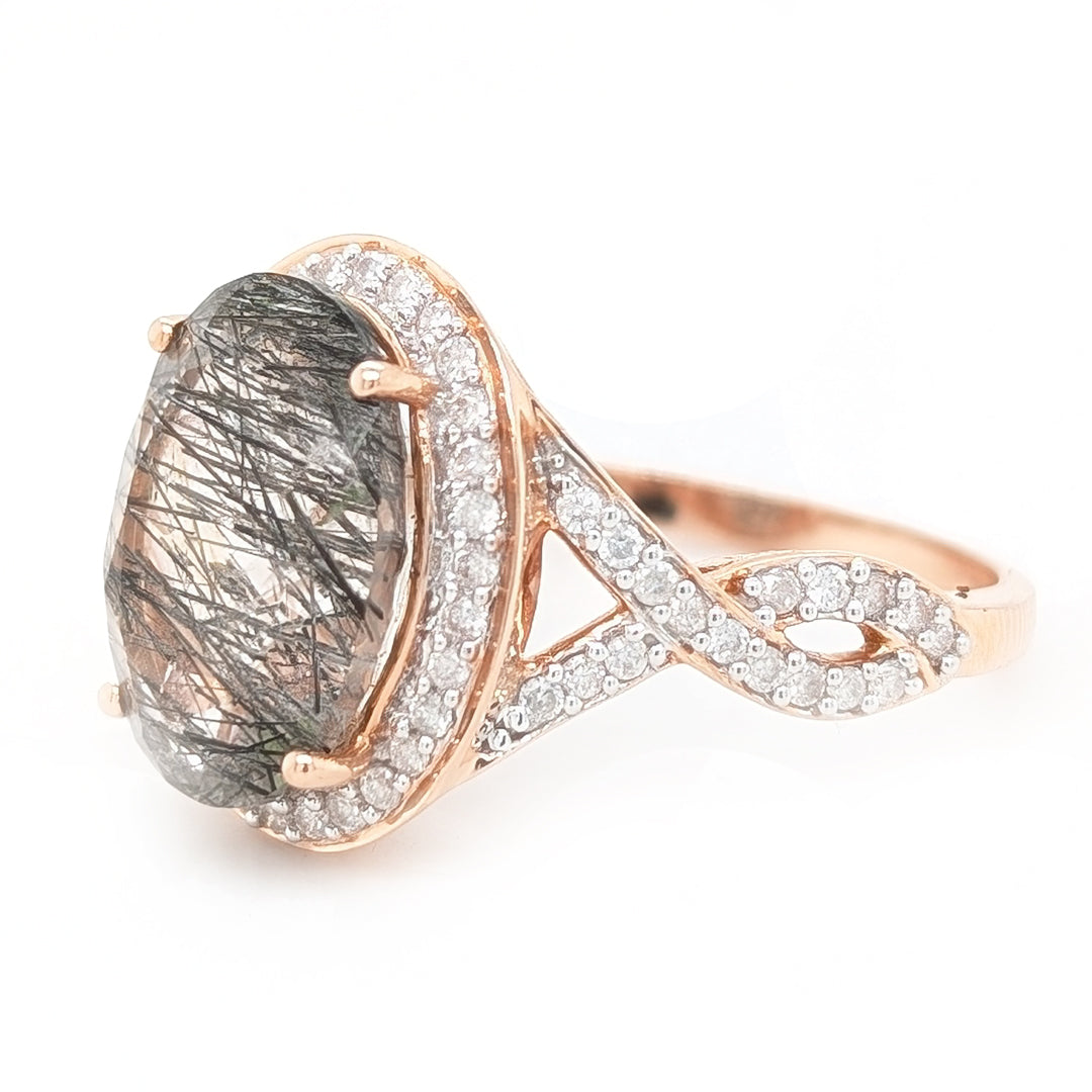 Tourmalated Quartz and Diamond Halo Ring in 14k Rose Gold