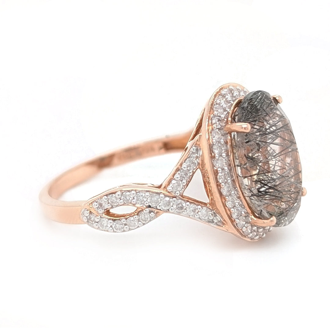 Tourmalated Quartz and Diamond Halo Ring in 14k Rose Gold