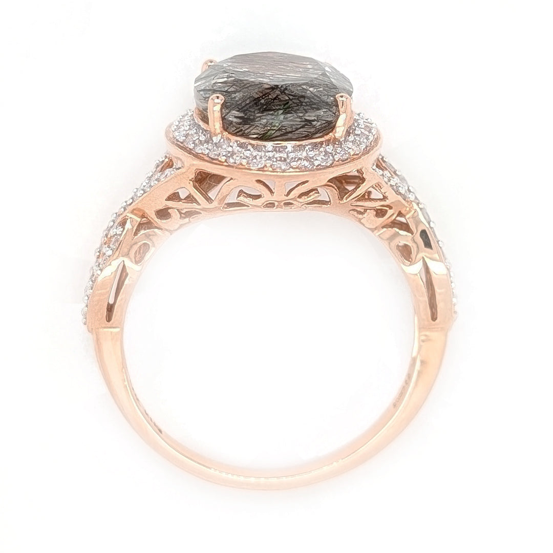 Tourmalated Quartz and Diamond Halo Ring in 14k Rose Gold