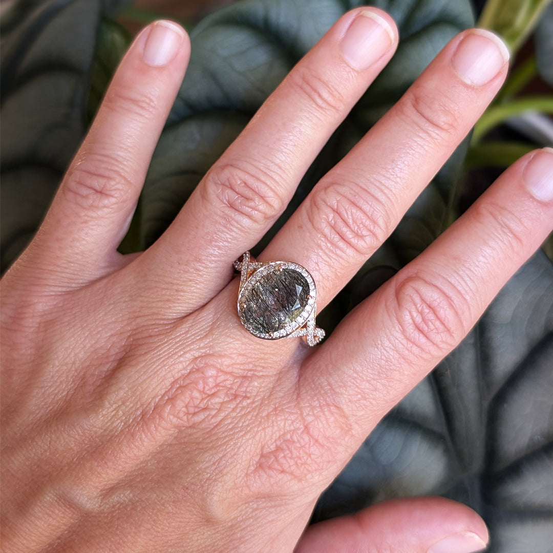 Tourmalated Quartz and Diamond Halo Ring in 14k Rose Gold