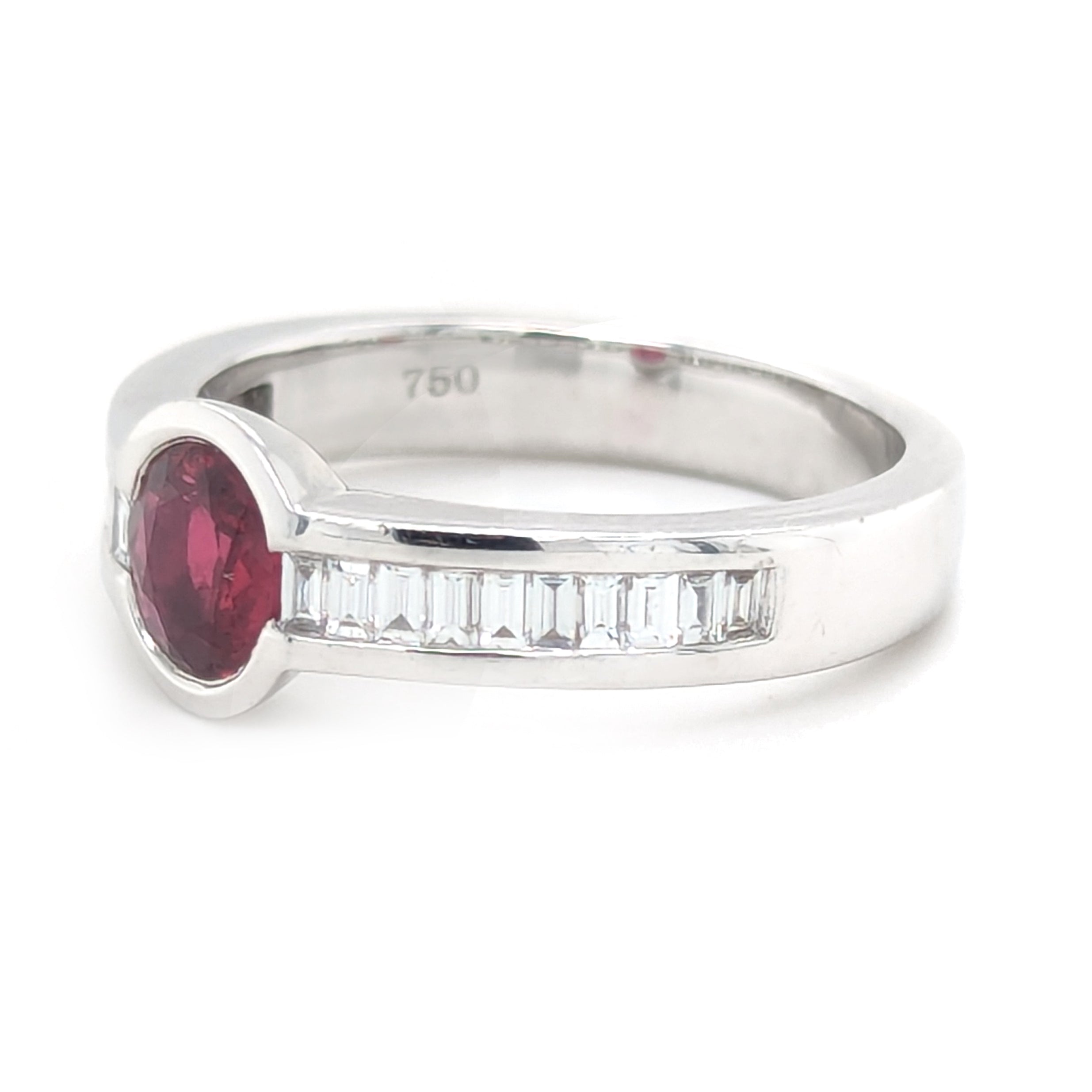 Bezel set Ruby and Baguette Diamond ring in 18kt white gold