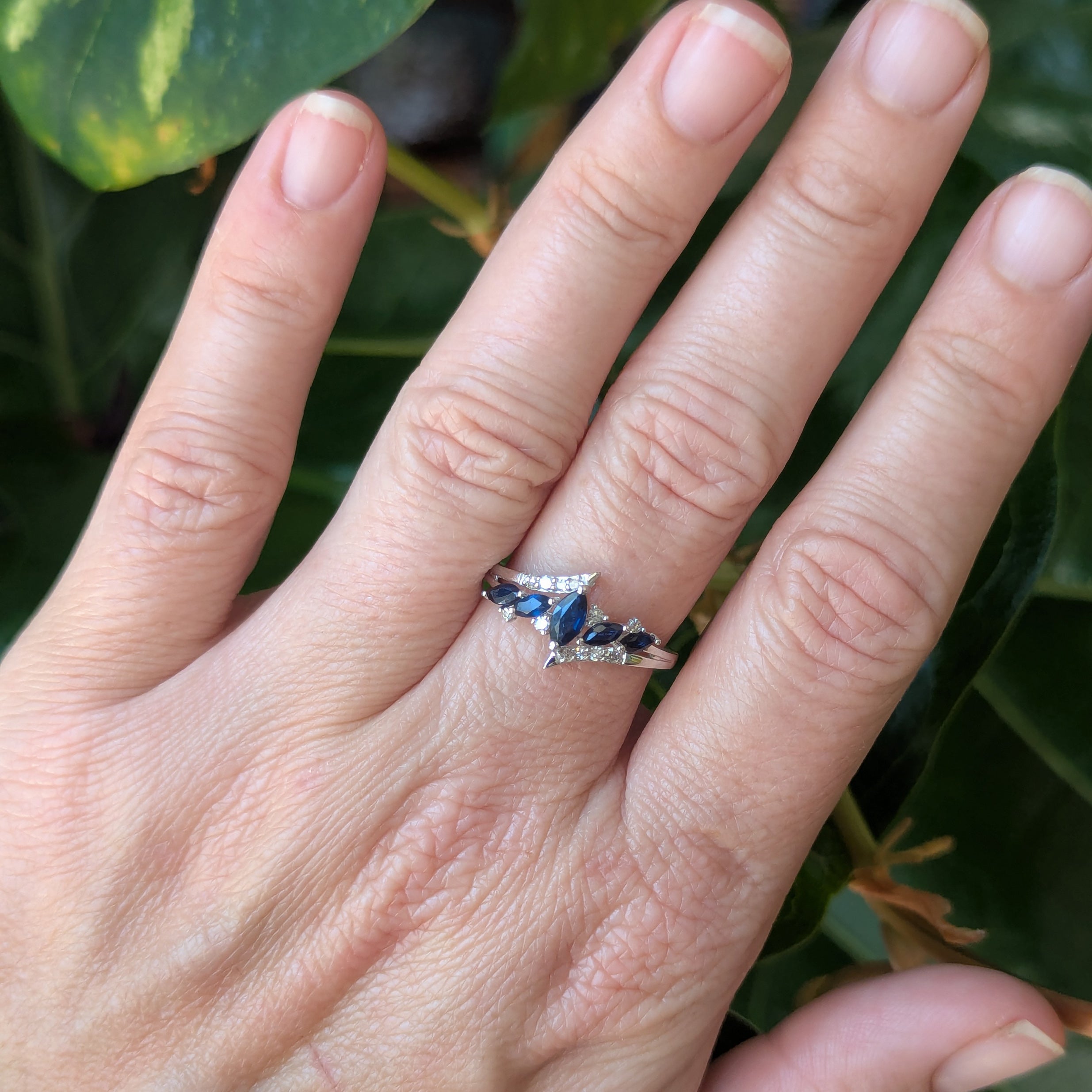 Blue Sapphire Marquise 5-Stone Ring with Diamonds in 14kt White Gold