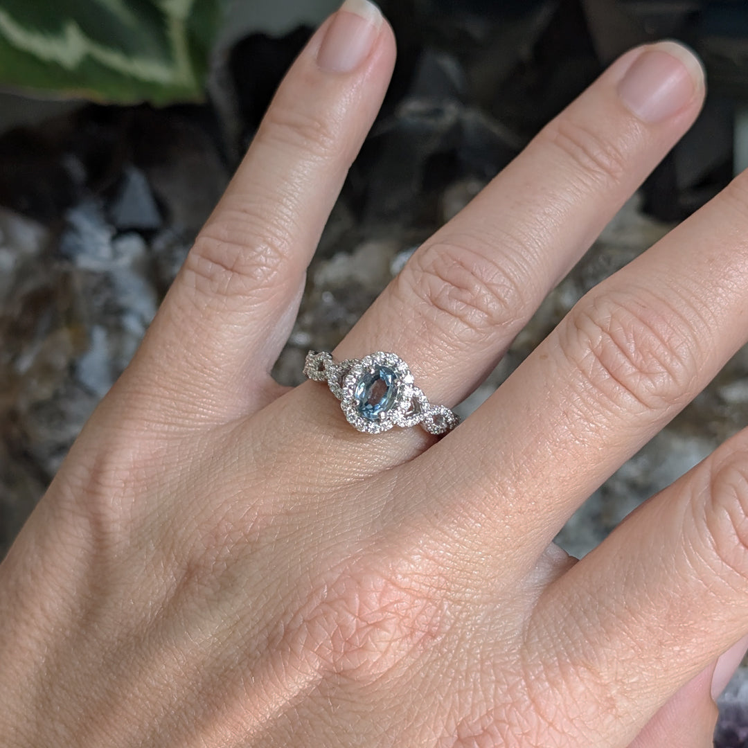 Grayish Blue Unheated Montana Sapphire set in 14k White Gold Diamond Halo Ring