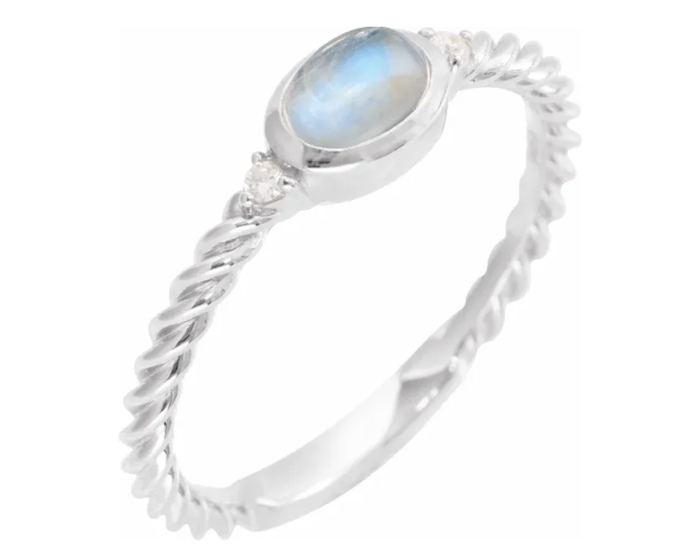 Moonstone and Diamond Ring in Sterling Silver with Rope Detail - Custom order - 8x6 Moonstone