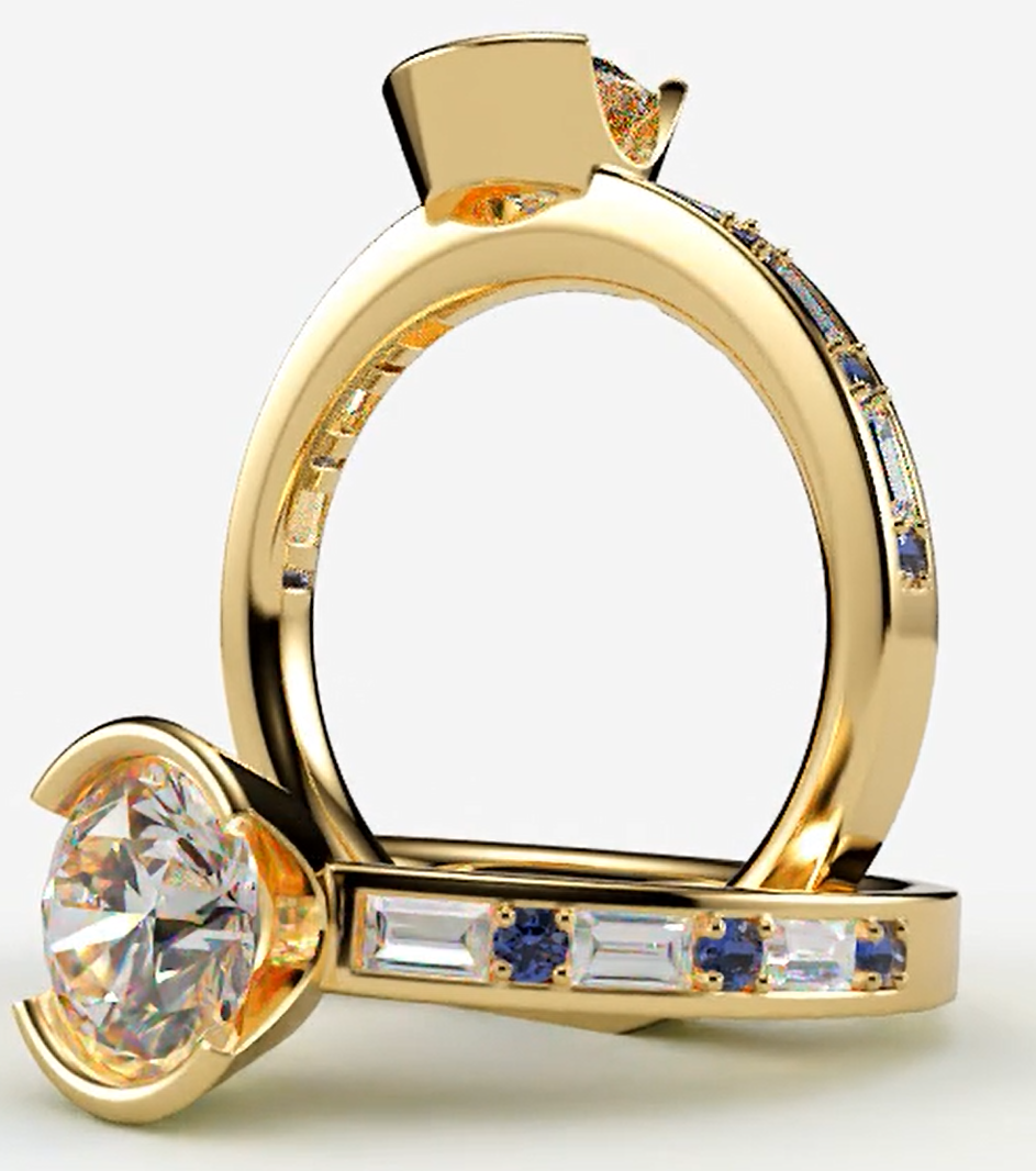 Lady's Custom Mounting with Medium Blue Natural Sapphires and Supplied Diamonds in 14kt Yellow Gold Ring