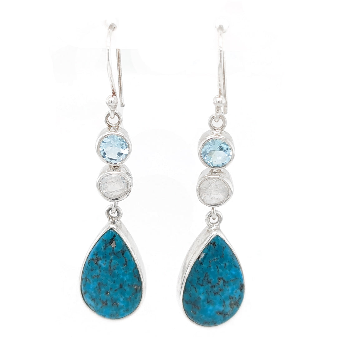 Turquoise, Rainbow Moonstone, and Blue Topaz Dangle Earrings in Sterling Silver