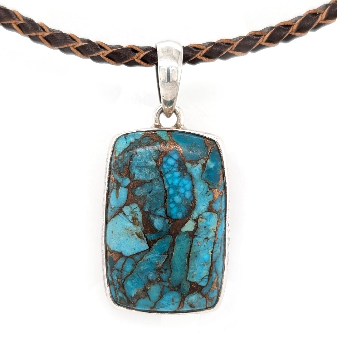 Composite Turquoise and Copper Pendant in Sterling Silver on Black Braided Leather Cord