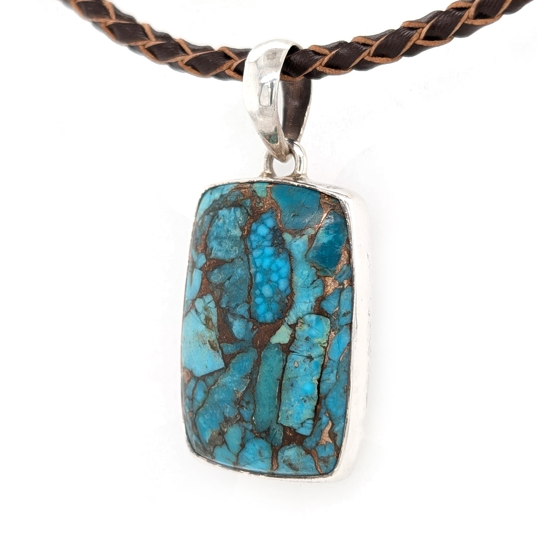 Composite Turquoise and Copper Pendant in Sterling Silver on Black Braided Leather Cord