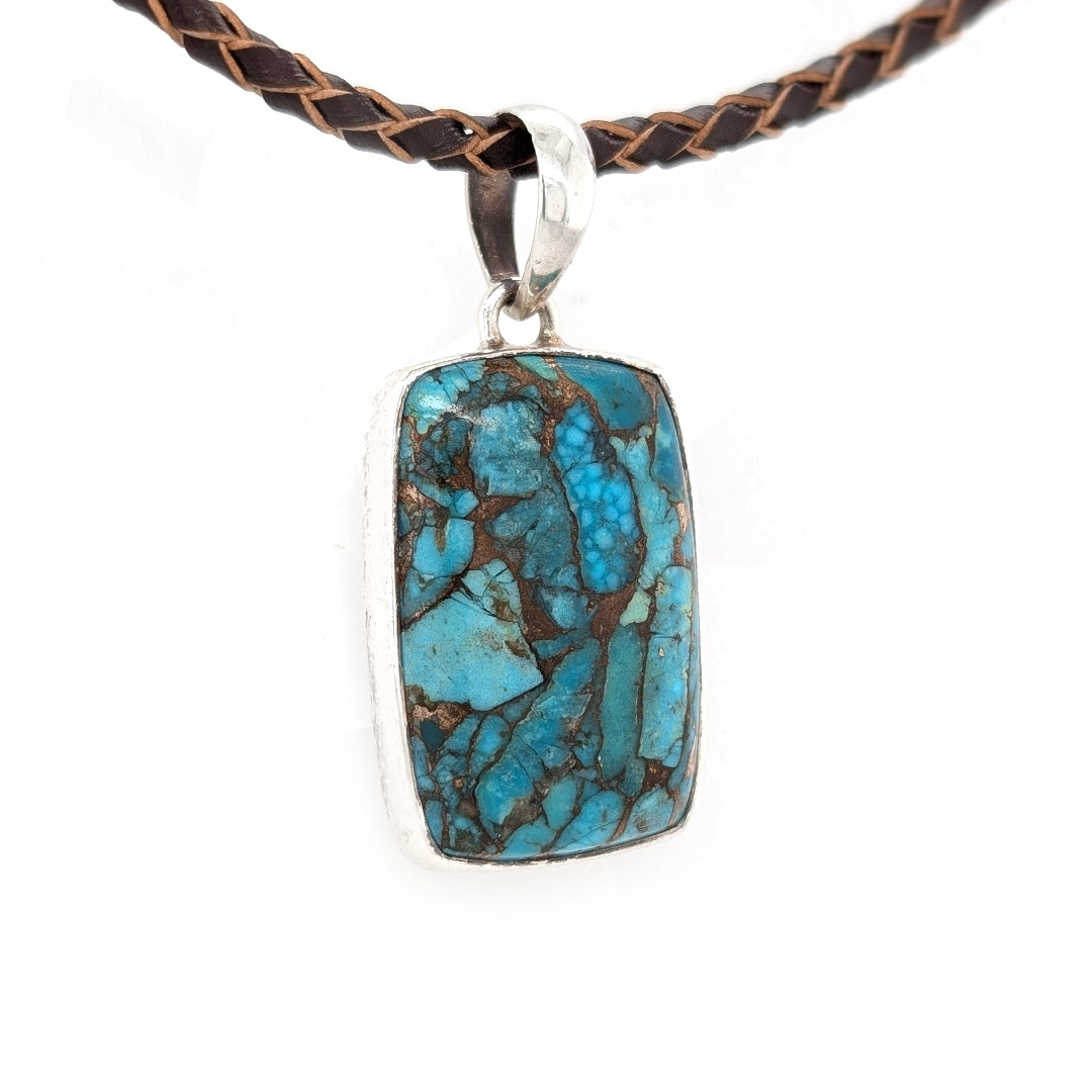 Composite Turquoise and Copper Pendant in Sterling Silver on Black Braided Leather Cord