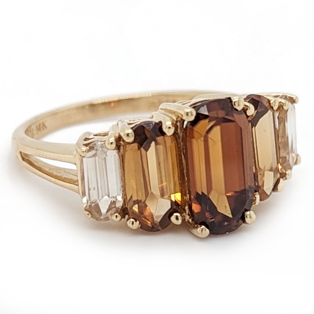 Warm Multi-Colored Step Cut Zircon Ring in 14k Yellow Gold