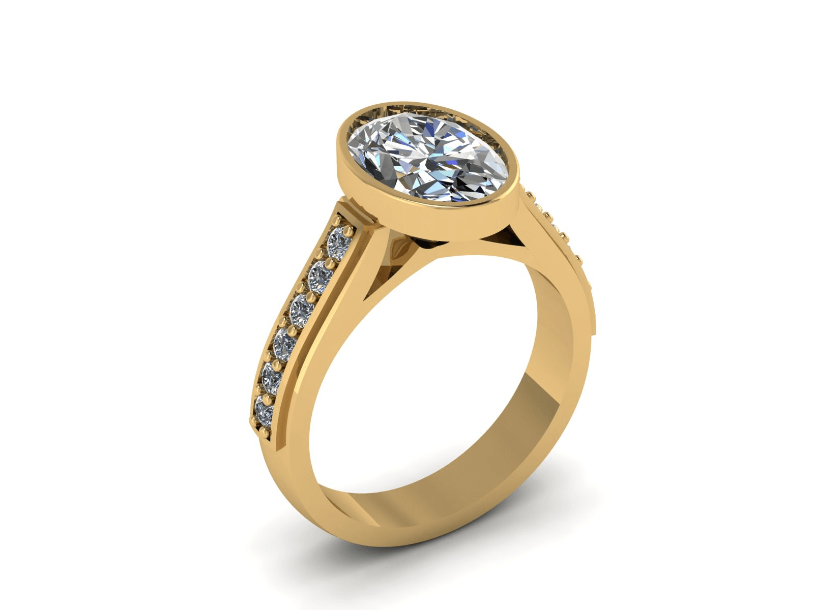 Custom Designed Bezel Set Engagement Ring Mounting with twelve 1.9mm natural round brilliant cut diamond melee totaling 0.30ct - F-G color and VS clarity in 14kt Yellow Gold - Size 6.5 - The Rutile Ltd