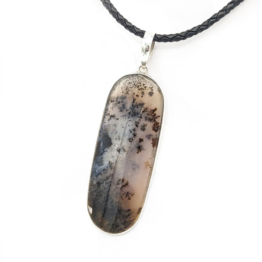 Dendritic Agate Pendant in Sterling Silver on 22" Leather Cord - The Rutile Ltd