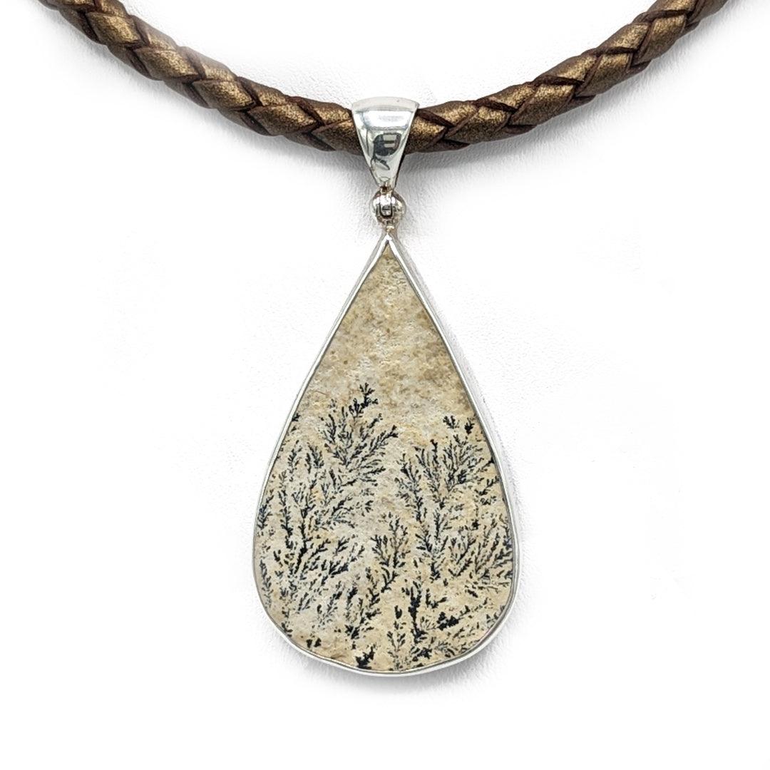 Dendritic Sandstone Pendant in Sterling Silver with 18" Copper Leather Braided Cord - The Rutile Ltd