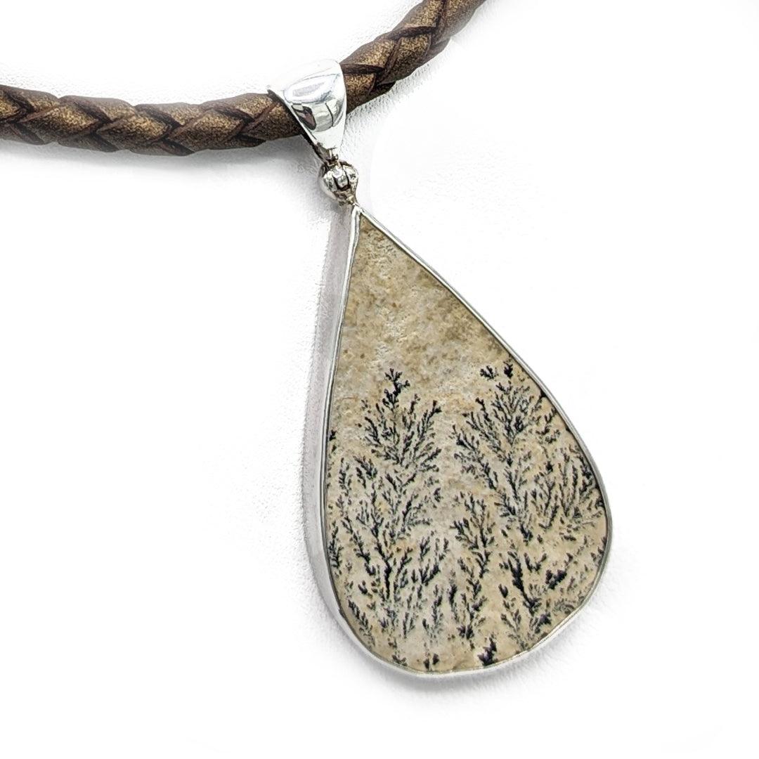 Dendritic Sandstone Pendant in Sterling Silver with 18" Copper Leather Braided Cord - The Rutile Ltd