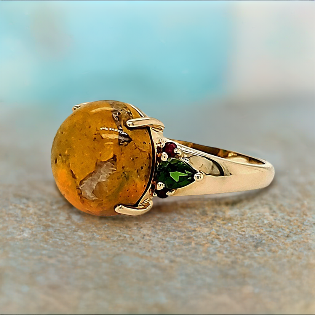 "Bumble" Bumblebee Jasper 14kt Yellow Gold Ring with Chrome Diopside and Ruby