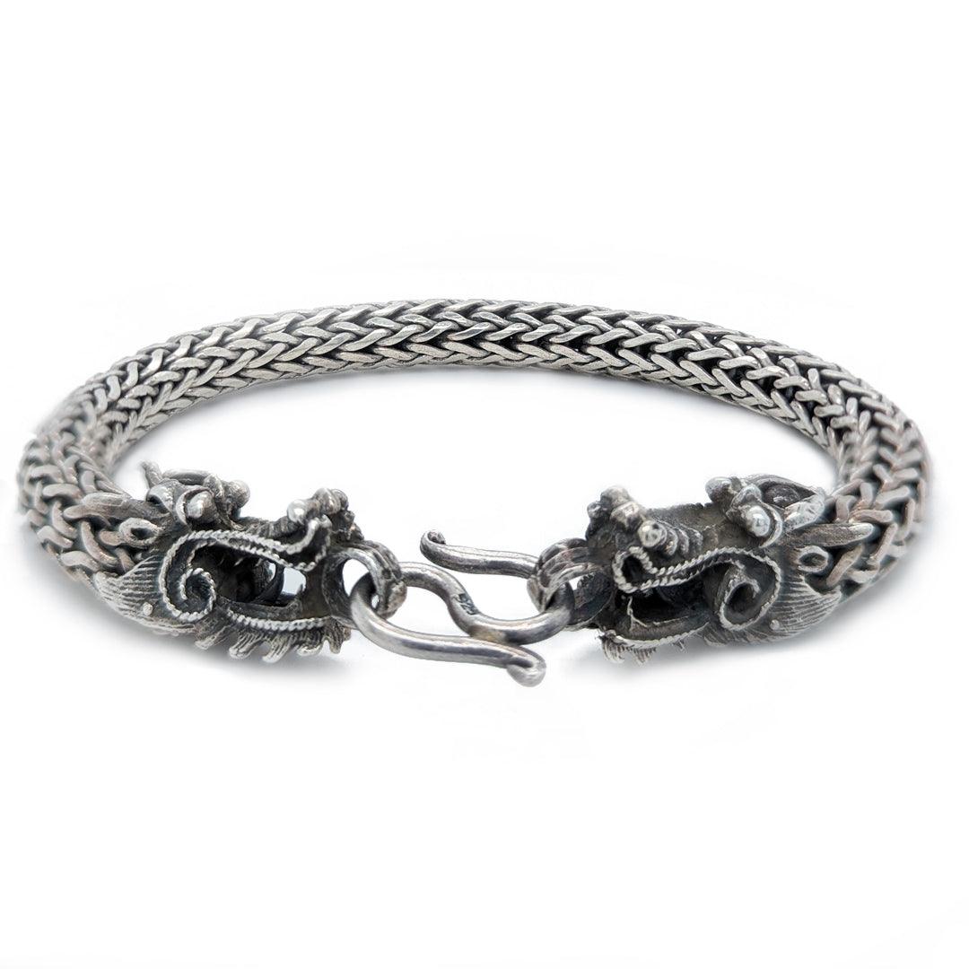 Handmade Heavy Woven Mexican Sterling Silver Bracelet with Dragons - 9" long - The Rutile Ltd