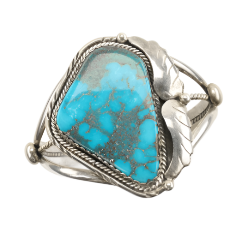 Handmade Native American Sterling Silver Turquoise Leaf Spiderweb Cuff Bracelet from Circa 1970 - The Rutile Ltd