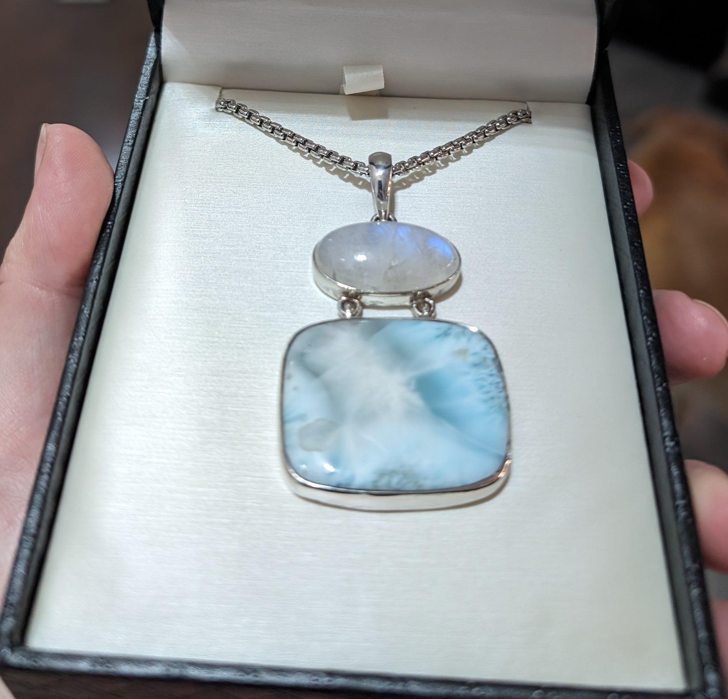 Larimar and moonstone sterling silver necklace on 22" sterling rounded box chain - The Rutile Ltd