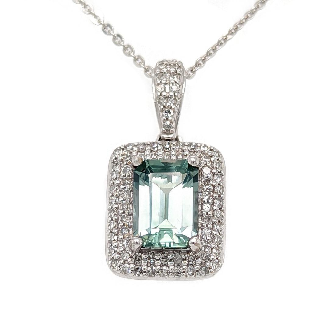 Light Blue-Green Montana Sapphire and Diamond 14kt White Gold Halo Pendant with Adjustable Chain - The Rutile Ltd