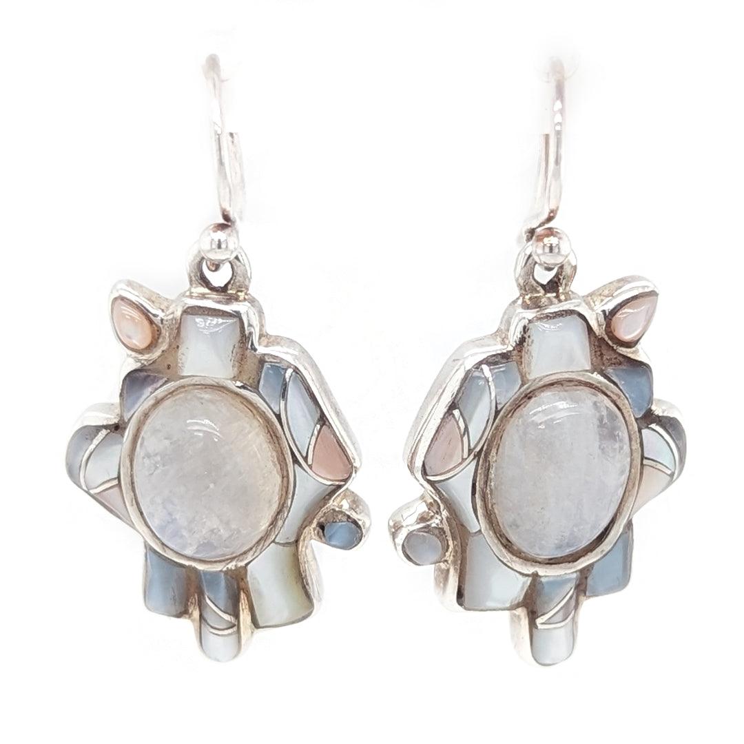 Moonstone and Shell Inlaid Dangle Earrings in Sterling Silver by Ed Lohman - The Rutile Ltd