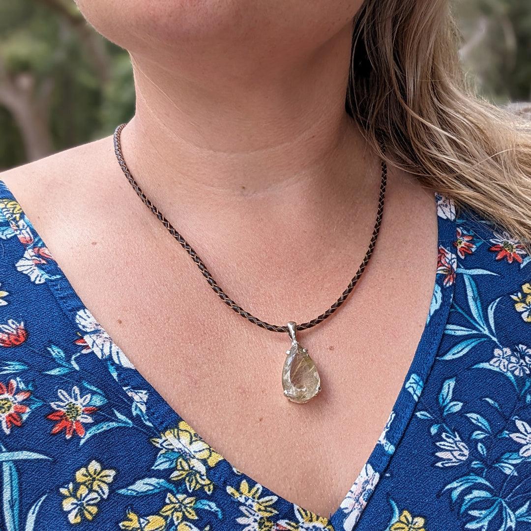 Pear Shaped Faceted Rutilated Quartz Sterling Silver Pendant on Braided Leather Cord - The Rutile Ltd