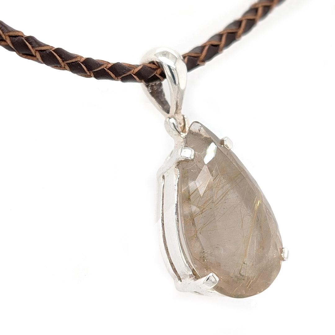 Pear Shaped Faceted Rutilated Quartz Sterling Silver Pendant on Braided Leather Cord - The Rutile Ltd