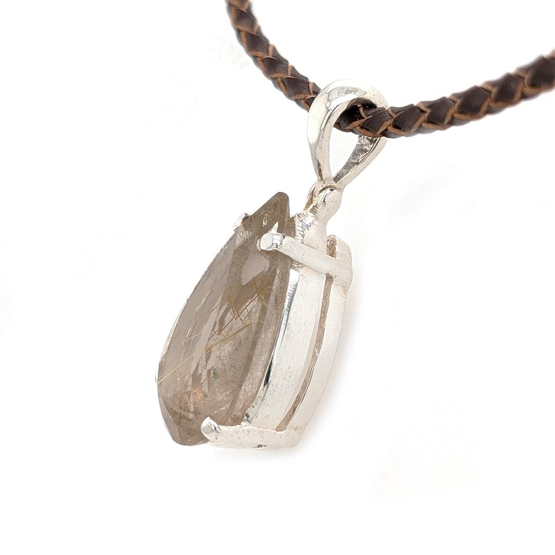 Pear Shaped Faceted Rutilated Quartz Sterling Silver Pendant on Braided Leather Cord - The Rutile Ltd