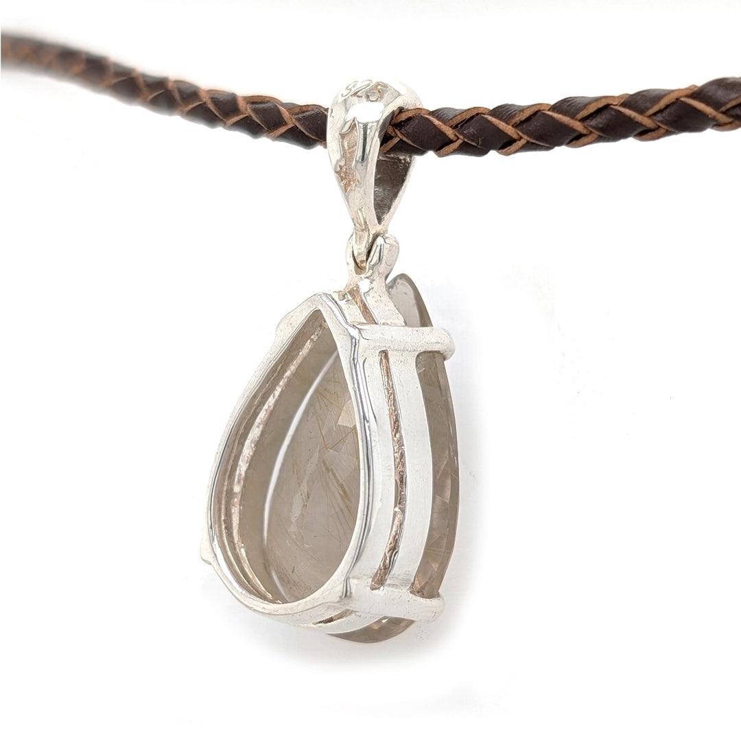 Pear Shaped Faceted Rutilated Quartz Sterling Silver Pendant on Braided Leather Cord - The Rutile Ltd