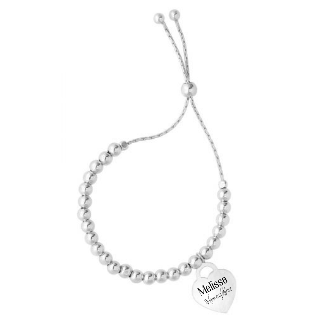 Polished Heart Sterling Silver Beaded Friendship Bolo Style Bracelet - Engravable - The Rutile Ltd