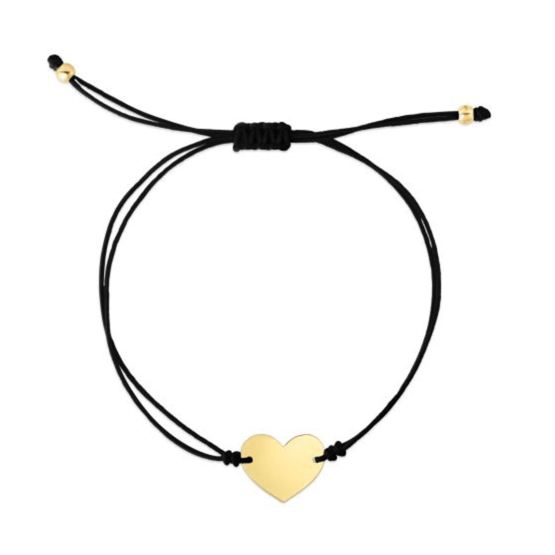 Polished Heart Tag 14kt Yellow Gold Adjustable Cord Friendship Bracelet - Engravable - Pink, Yellow, Blue, Black Cord - The Rutile Ltd