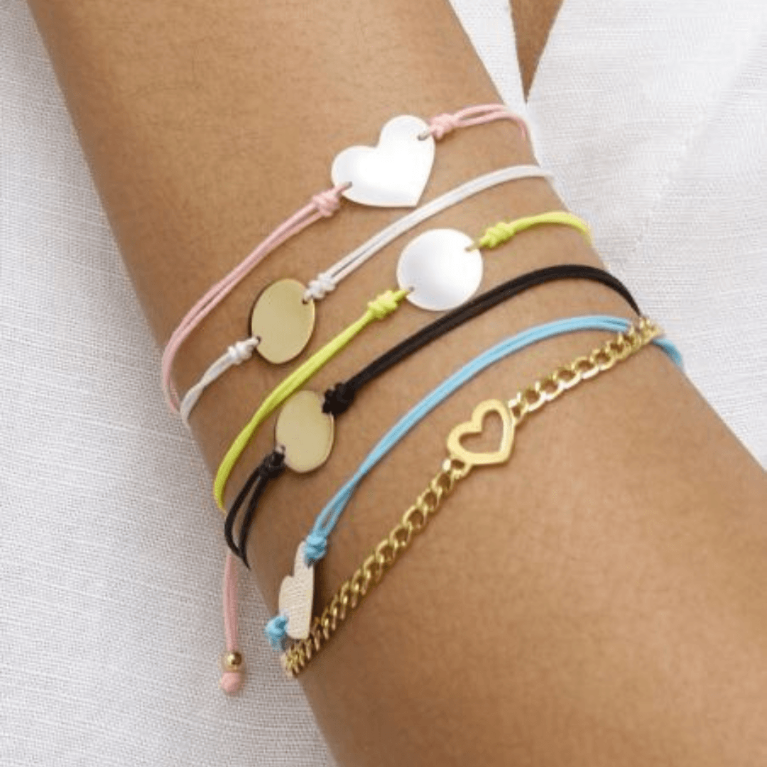Polished Heart Tag 14kt Yellow Gold Adjustable Cord Friendship Bracelet - Engravable - Pink, Yellow, Blue, Black Cord - The Rutile Ltd